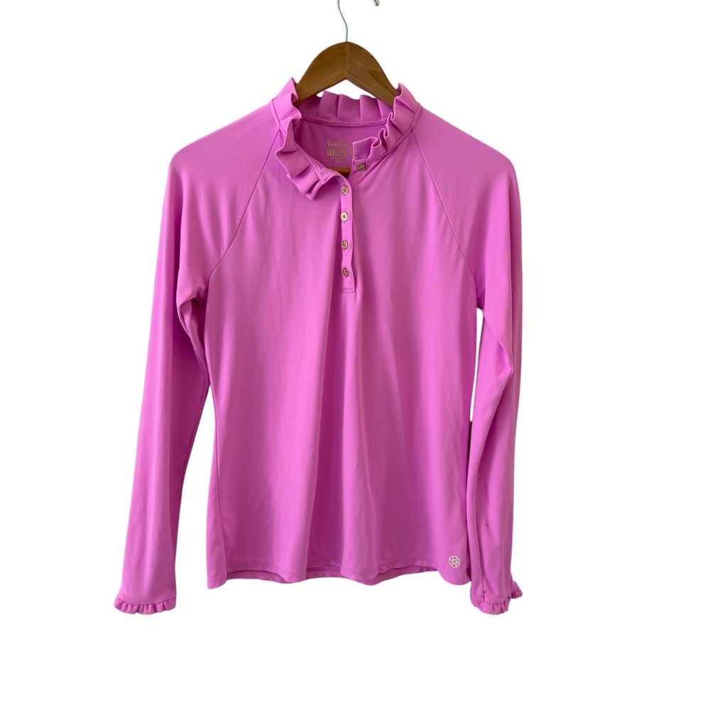 Lilly Pulitzer Luxletic Hutton Ruffle Neck Polo Shirt M Pink Tennis Golf UPF 50+